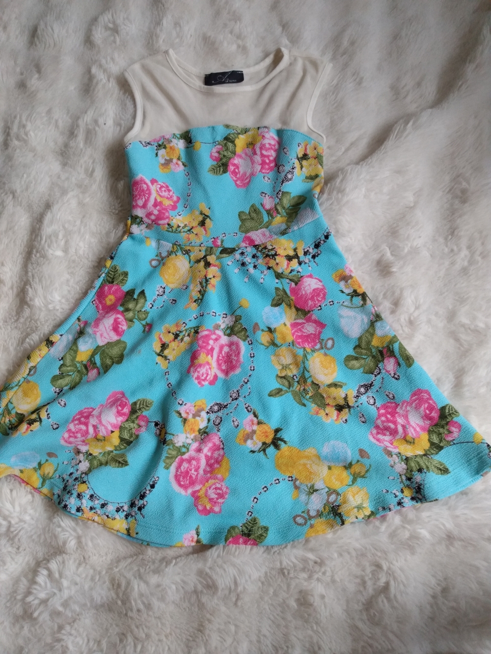 Girls Floral Fit & Flare Dress in Aqua and Cream
